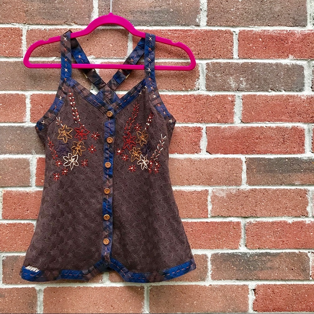 Lulumari Boho Embroidered Brown Sweater Tank